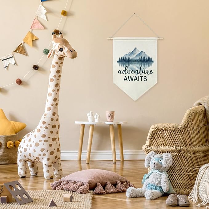 AGMDESIGN Adventure Awaits Canvas Hanging Pennant Flag Banner, Adventure Nursery Decor, Home Office School Classroom Kids Room Playroom Nursery Bedroom Camper Flag Decor, Boy Room Wall Decor
