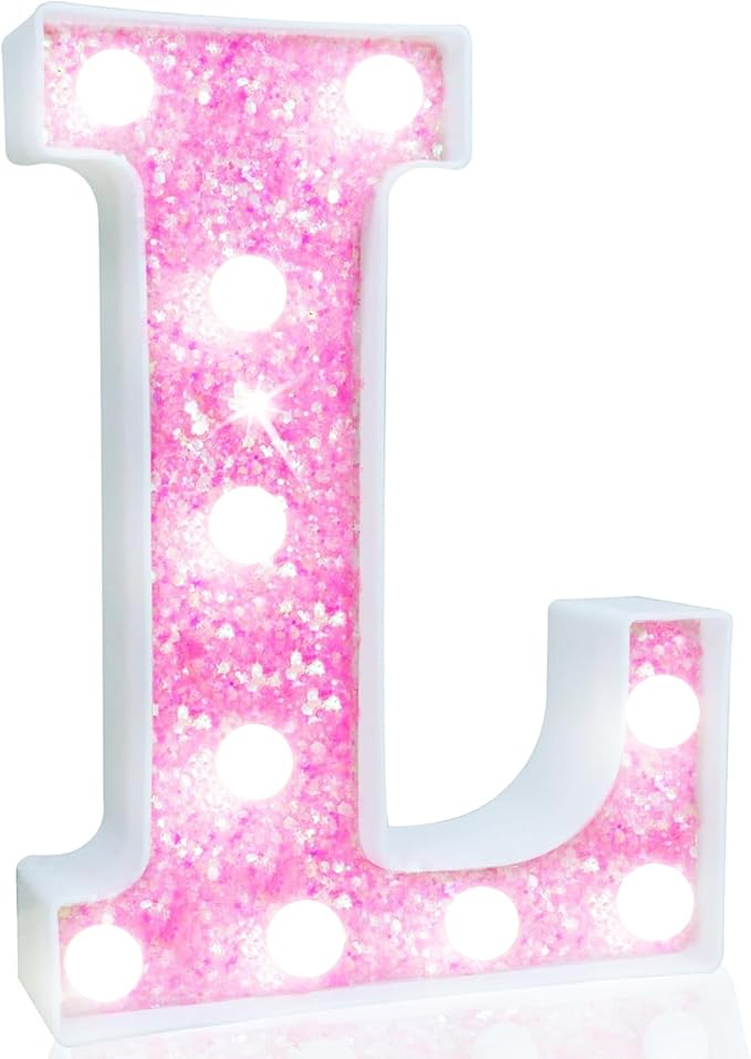 Pooqla LED Marquee Letter Lights, Light Up Letters for Birthday Decorations, Glitter Letter Sign Battery Powered Night Light Pink Party Wedding Christmas Girls Gift Bedroom Dorm Decor, Cool White L
