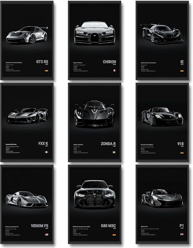 CSLGQGV Car Poster Vintage Racing Car Wall Art Supercar Canvas Prints Painting For Men Room Pictures Guys Dorm Room Aesthetics Decor Bedroom Office (Unframed,8×10inch,9pcs) black