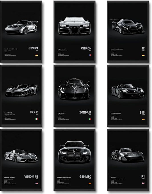 CSLGQGV Car Poster Vintage Racing Car Wall Art Supercar Canvas Prints Painting For Men Room Pictures Guys Dorm Room Aesthetics Decor Bedroom Office (Unframed,8×10inch,9pcs) black