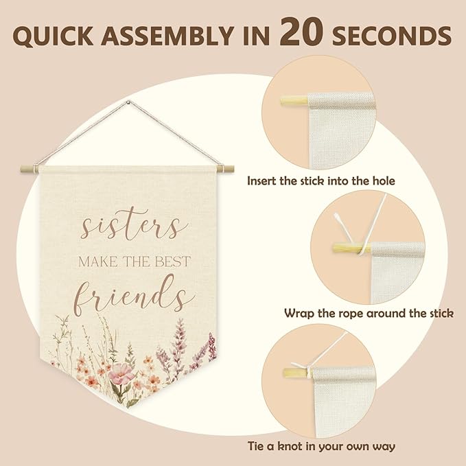 Girls Room Decor, Sisters Make the Best Friends Linen Canvas Banner, Wildflower Nursery Wall Hanging Pennant Flag Banner for Girls Kids Toddler Room Bedroom Dorm Decor, 15x11in