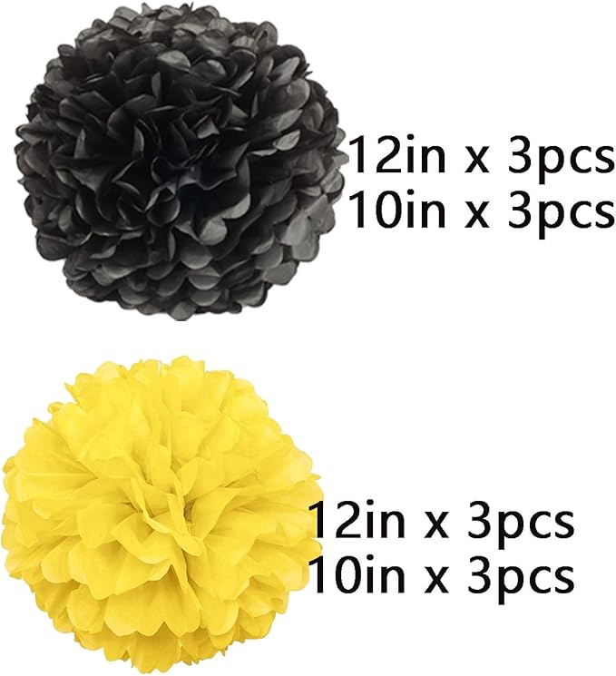 We Moment Black and Yellow Paper Pom Poms for Wedding Birthday Party Decoration - Ceiling Wall Hanging Tissue Flowers - 12pcs 2 Colors of 12 Inch 10 Inch