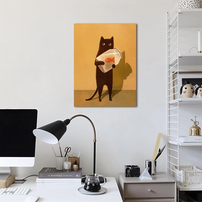Funny Black Cat Wall Art, Abstract Black Cat and Fish Canvas Poster Print Picture, Cute Animal Wall Decor, Perfect for Cat Lovers for Bathroom Living Room Bedroom Kids Room 12x16in Framed