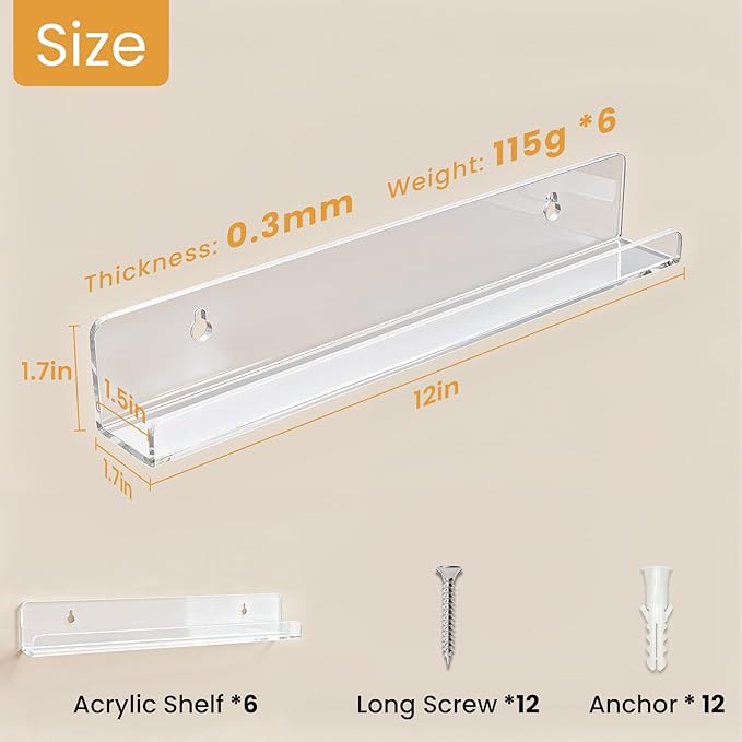Vinyl Record Shelf Wall Mount, 12 inch Clear Acrylic Album Record Holder Display, Floating Shelves for Wall, Magazine Shelf, Kids Bookshelf, Suitable for Bedroom, Living Room, etc.—6 Pack