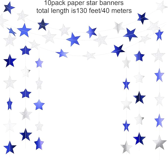 Patelai Glitter Star Garland Banner 2026 Graduation Decor 130 Feet Star Hanging Banner Twinkle Backdrop for Party Birthday Classroom Wedding Supplies(Ocean Blue, Glitter Silver)