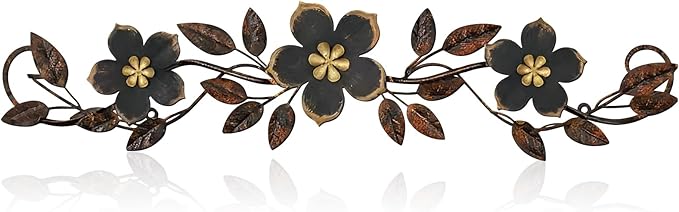 Wesiti Metal Flower Wall Decor Vintage Spring Metal Flower Wrought Iron Scroll Sculpture 15.7''x3.7'' Farmhouse Leaf Wall Decor with Nails for Spring Living Room Bedroom Indoor Outdoor (Black)