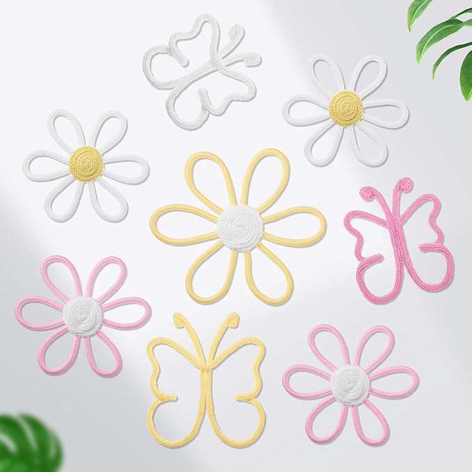 Wesiti 9 Pcs Boho Nursery Decor 3 Size Daisy Flower and Butterflies Woven Macrame Wall Hanging for Home Nursery Bedroom Dorm Wall Art (Bright Color)