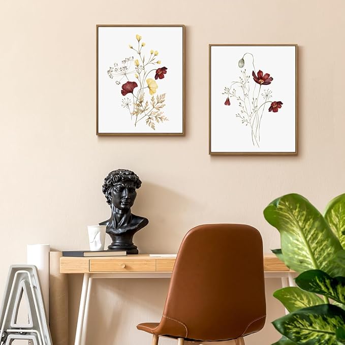 Watercolor Botanical Wall Art Prints Burgundy and Yellow Flower Pictures Wall Decor Colorful Floral Plants Painting Framed Aesthetic Poster for Home Office Kitchen Decoration 2 Pieces Set - 11x14 Inch