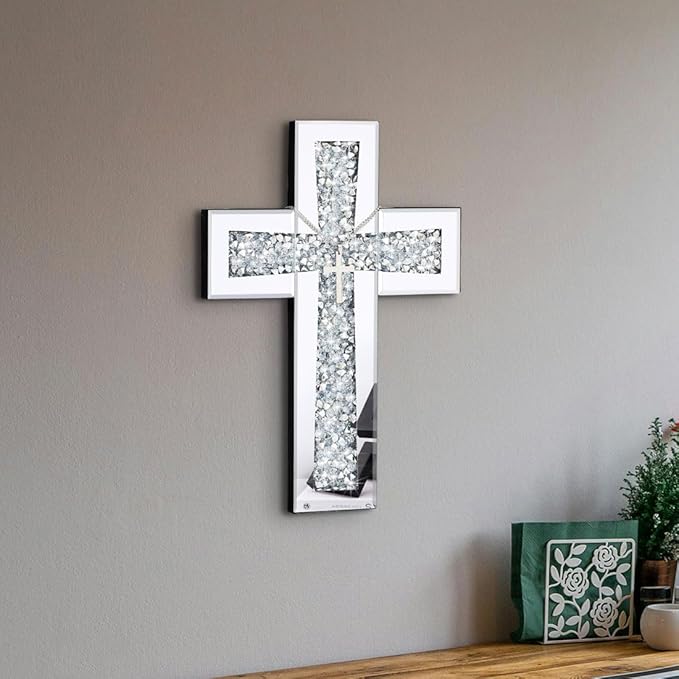 Cross Wall Decor, Silver Mirrored Cross for Living Room, Crystal Crush Diamond Mirror Crosses, Religious Wall Art, Home Decor