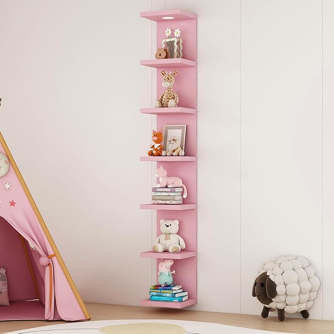 Versatile 7 Tier Wall Shelf Unit,Pink Lack Wall Shelf,Display Floating Shelf with LED Remote Control Light