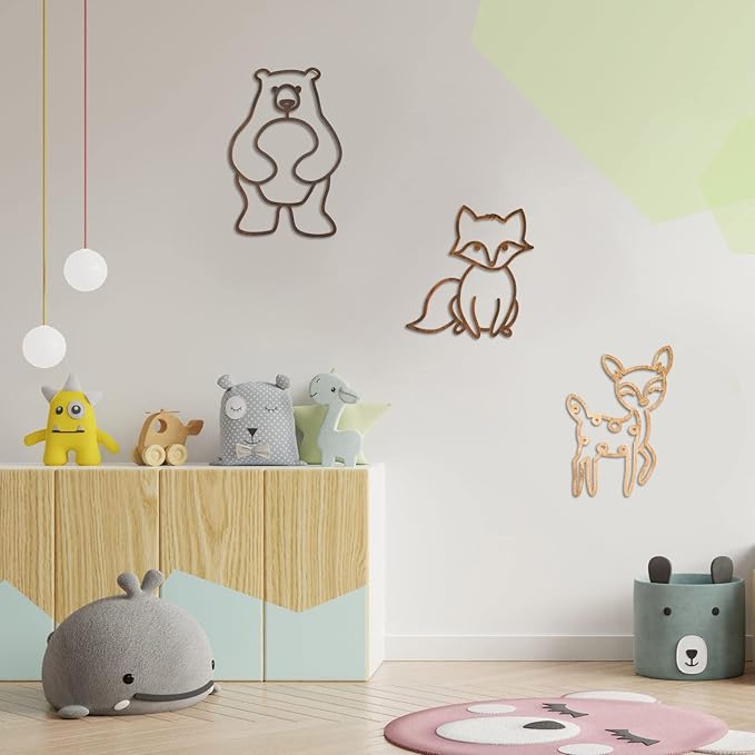 Yulejo Nursery Wall Decor 3 Pieces Jungle Theme Nursery Decor Wooden Animal Wall Decor Woodland Safari Wall Decor with Glue Points for Bedroom Decor (Deer, Bear, Fox)