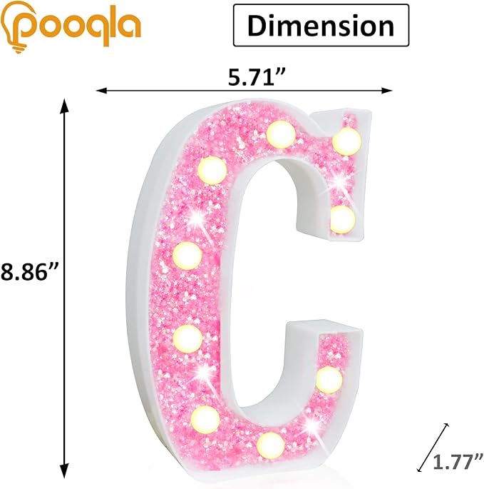 Pooqla LED Marquee Letter Lights, Pink Glitter Alphabet Sign Battery Powered Night Light, Birthday Party, Wedding, Girls Gifts, Home Bar, Christmas Decoration, Pink Letter C