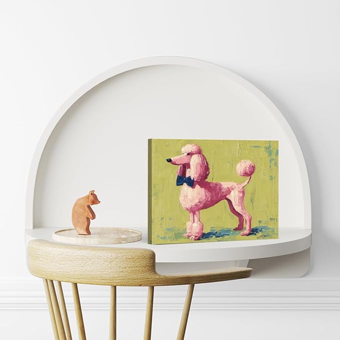 Vintage Pink Poodle Dog Wall Art Print Funky Cute Dog Picture Painting Artwork Aesthetic Wall Decor for Home Living Room Bedroom 8x10 Canvas Framed