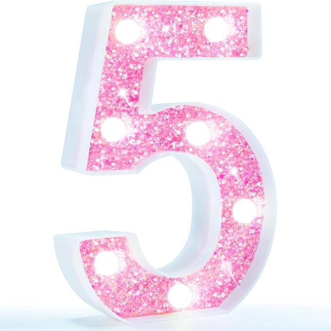 Pooqla Marquee Number Lights, Pink Light Up Numbers for Girls 5th Birthday, Battery Powered Glitter Number Night Light Gift for Wedding Christmas Bedroom Dorm Party Decoration, Cool White Number 5