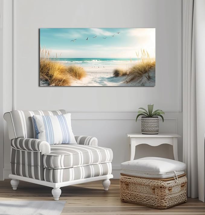 Beach Canvas Wall Art Decor Ocean Pictures Prints for Living Room Coastal Path Painting Seascape Artwork Sea Reeds Landscape for Bedroom Bathroom Home Office Decorations(20"*40")