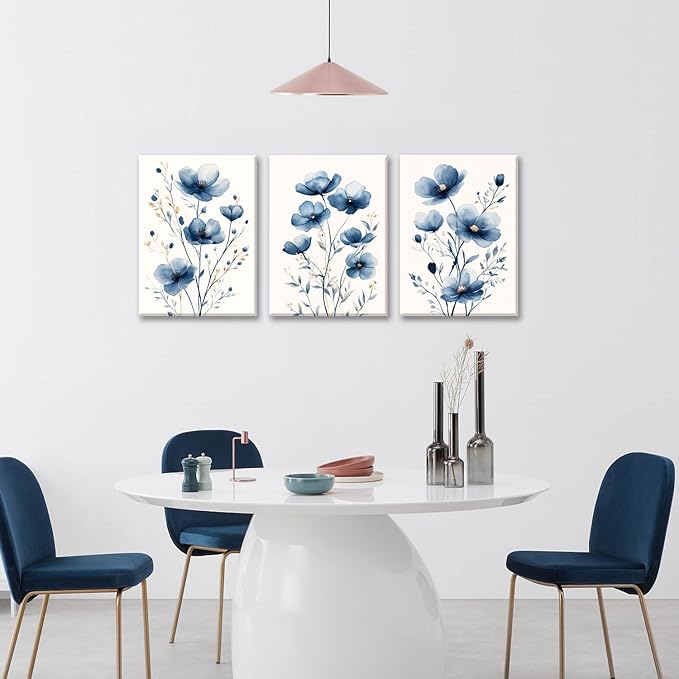 okudolit Navy Blue Wildflower Framed Canvas Wall Art Set Of 3 Flowers Pictures Prints Flowers Printing Floral Watercolors Flower wall Decor Living Room Bedroom Dinning Room Farmhouse Office-16 x24in