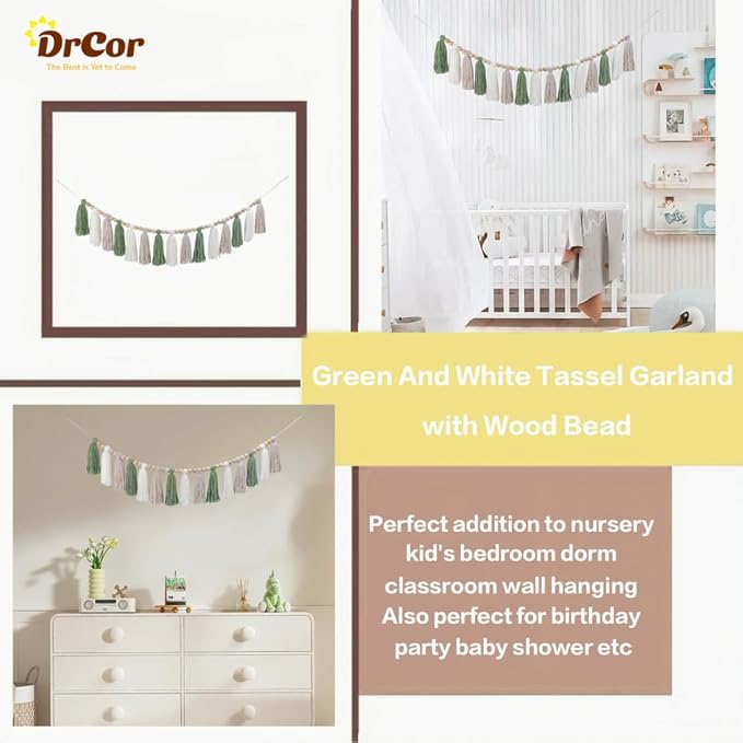 DrCor Sage Green & White Boho Tassel Garland – Handmade Yarn Banner for Nursery, Girls Bedroom, Baby Shower, Wedding Backdrop, Classroom Bulletin Board or Cozy Home Wall Decor