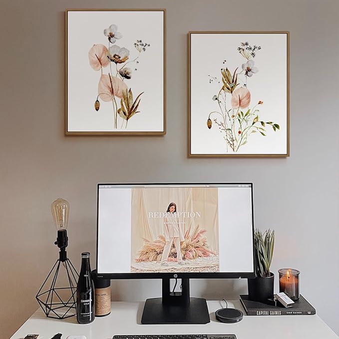 Set of 2 Watercolor Botanical Plant Picture Pink White Flower Canvas Wall Art Colorful Wildflower Poster Minimalist Floral Wall Decor Framed for Bedroom Living Room Home Office Decoration, 11x14 Inch