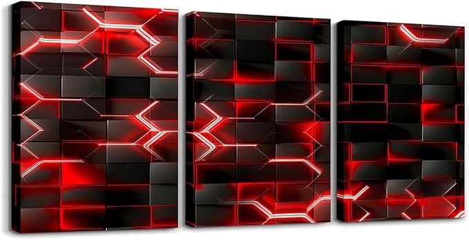 Feelyou Red and Black Picture Wall Decor 12"x16" 3 Piece Honeycomb Canvas Wall Art Decor Hexagon Theme Office Decorations Artwork Posters Geometrical Beehive Painting