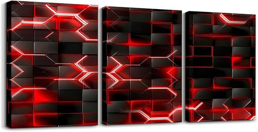 Feelyou Red and Black Picture Wall Decor 12"x16" 3 Piece Honeycomb Canvas Wall Art Decor Hexagon Theme Office Decorations Artwork Posters Geometrical Beehive Painting