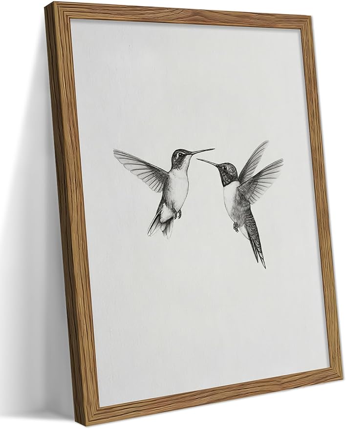 Vintage Wall Art Framed Hummingbird Canvas Print, Modern Farmhouse Birds Wall Decor, Living Room Sketch Painting Picture, Minimalist Black and White Bird Bedroom Decor – 12x16 inch