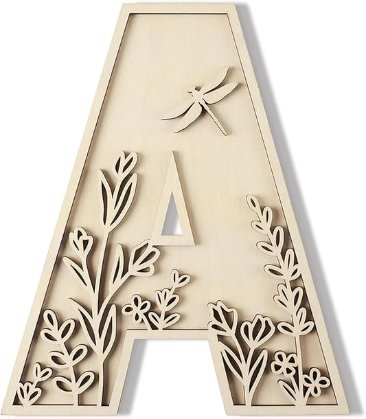 Layered 12 Inch Large Wooden Letters for Wall Decor, Flowered Paintable Wooden Nursery Letters for Crafts Wood Alphabet Letter A for Birthday Boho Nursery Name Sign Wedding Home Decoration