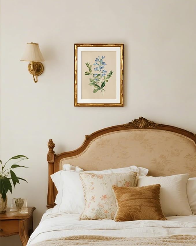 InSimSea Gold Bamboo Framed Canvas Wall Art, Vintage Rosa Chiba Flower Botanical Prints, Farmhouse Picture Frame with Mat, Victorian Home Wall Decor for Kitchen Living Room Bedroom, 11x14inch