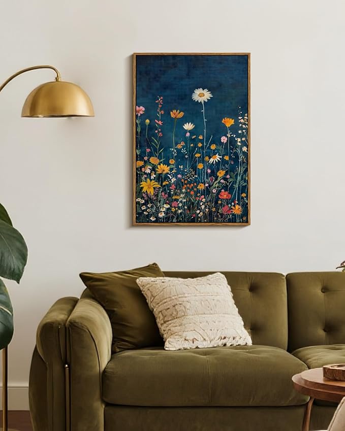 WHASAYART Botanical Floral Canvas Print 16x24 Framed Wildflower Wall Art, Rustic Dark Blue Colorful Flower Artwork, Vibrant Vintage Painting Living Room Kitchen Bedroom Hallway Home Decor