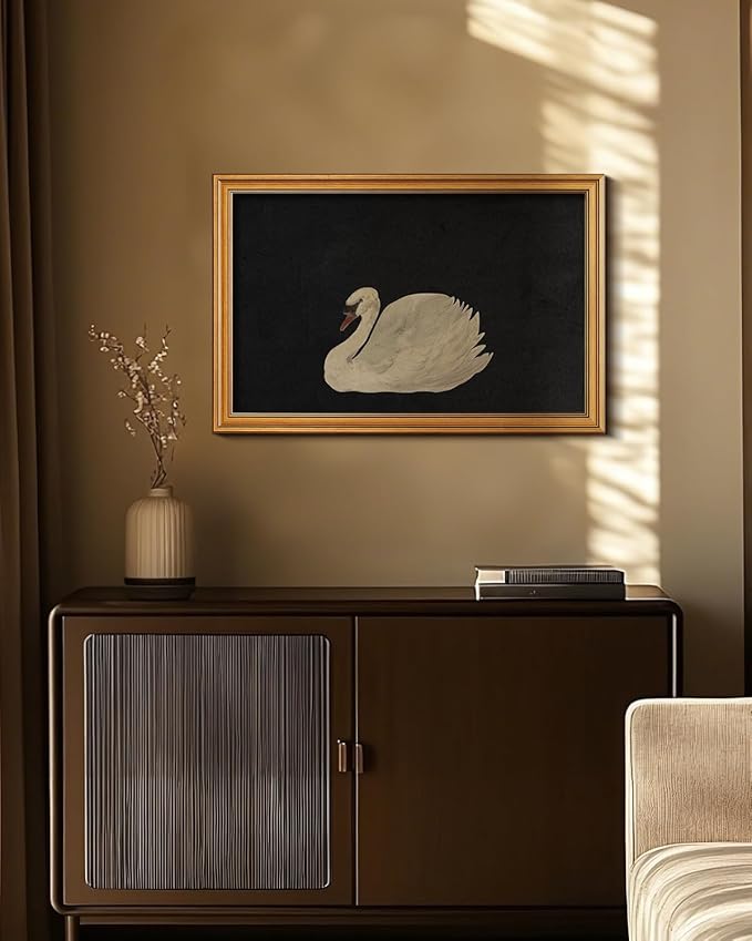 HUARCEY Gold Framed Vintage Wall Art for Living Room, Grace Swan Art Painting Pictures Rustic Animal Bathroom Prints Farmhouse Wall Decor Canvas Swan Shelf Decor for Kitchen Bedroom (Zwaan 16"x24")