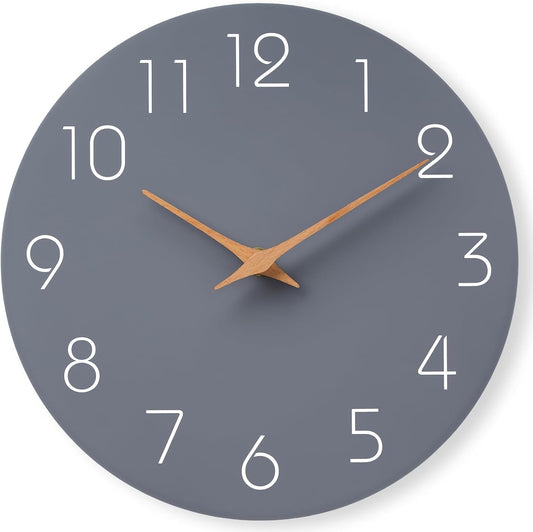 Mosewa Wall Clock 8 Inch Gray Battery Operated Silent Non Ticking Simple Modern Wood Clock Decorative for Bedroom Living Room Kitchen Home Bathroom Office