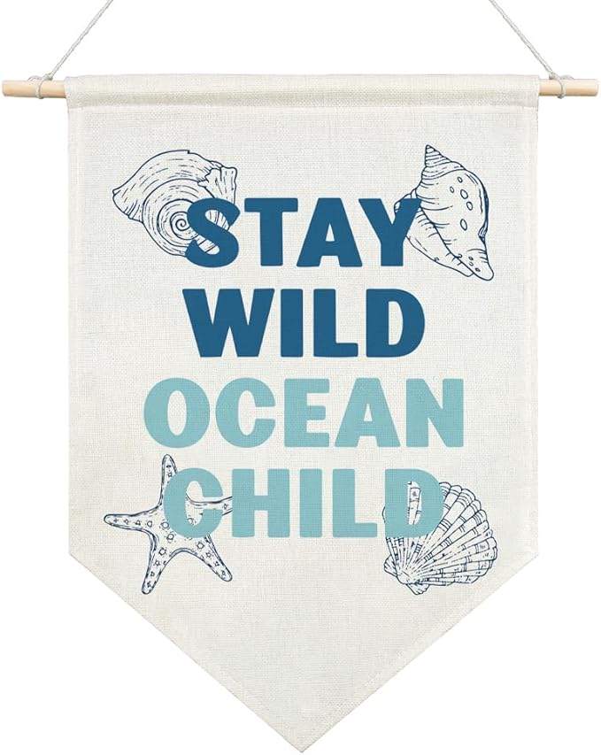 AGMDESIGN Stay Wild Ocean Child Canvas Hanging Pennant Flag Banner, Toddler Rooms Decor, Surf Room Wall Decor, Home Playroom Kids Room Nursery Flag Decor, Gifts for Teen Boys Girls Dorm Surfing Lover