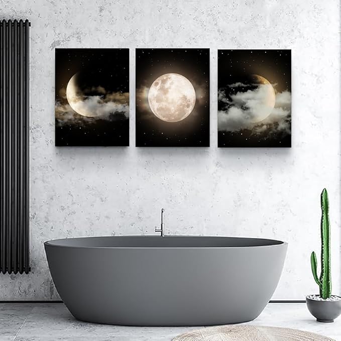 Yxbhhym Black and White Bathroom Wall Art Moon Artwork Modern Canvas Prints Painting Lunar Poster Abstract Pictures for Living Room Bedroom Decor Framed Office Home Decorations