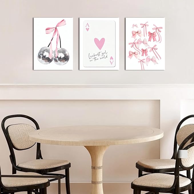 Trendy Pink Bows Wall Art Set of 3 Coquette Preppy Cherry Wall Decor Trendy Disco Ball Canvas Posters Prints Girly Aesthetic for College Apartment Living Room Bedroom Framed 12x16 In
