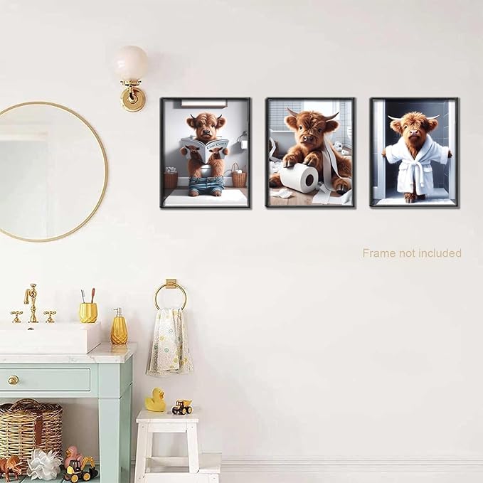 Funny Bathroom Highland Cow Wall Art, Brown Cute Cow Animal Canvas Posters Prints Wall Decor Set of 3, Vintage Rustic Farmhouse Home Painting Pictures for Kids Room Restroom 12x16 Inch Unframed