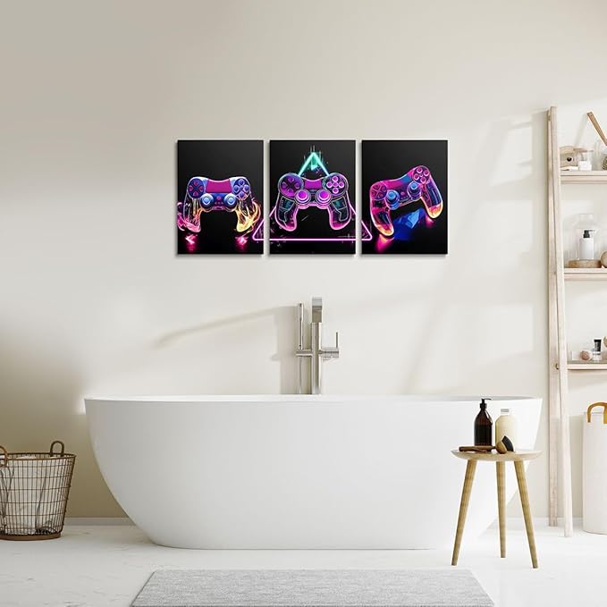 Feelyou Gamer Canvas Wall Art for Living Room 12" x 16" 3 Piece Game Controller Picture Wall Decor Gaming Gifts Bathroom Wall Art Gamepad Office Wall Decorations Artwork Posters Pink Wall Painting