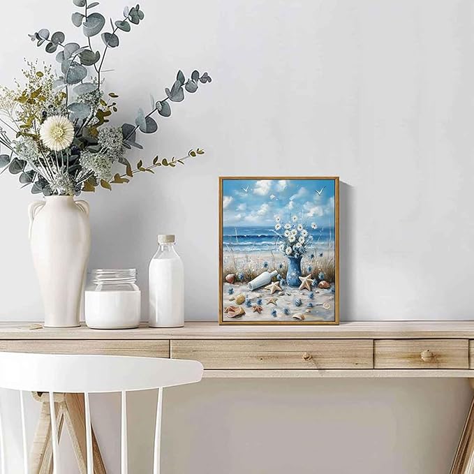 Framed Blue Ocean Beach Canvas Wall Art Coast Seashell Starfish painting Decor Pictures Blue Seaside White Daisy Posters Prints for Modern Coastal Themed Home Decoration Bathroom Room Decoration
