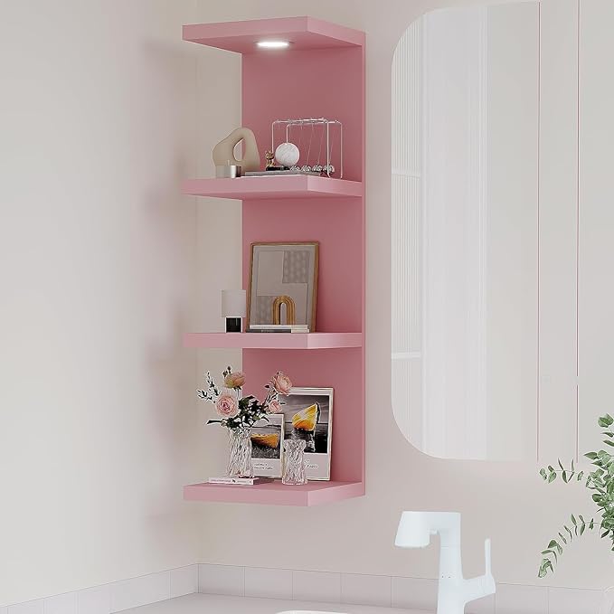 Versatile 4 Tier Wall Shelf Unit,Pink Lack Wall Shelf,Display Floating Shelf with LED Remote Control Light