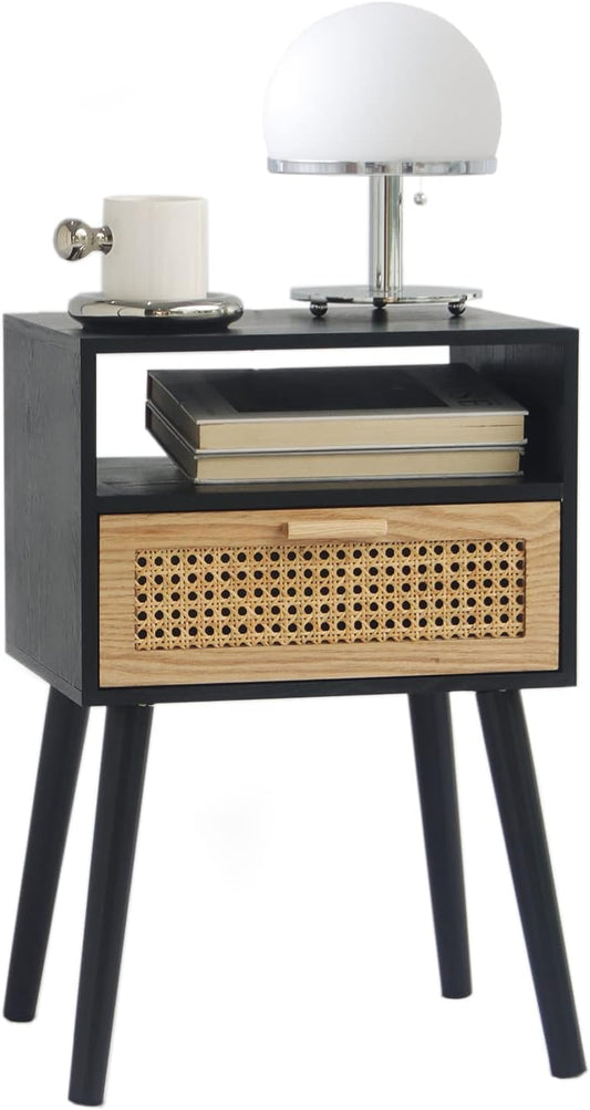 MaxSmeo End Table with Storage Mid Century Nightstand with Rattan Drawer and Shelf, Wood Small Side Coffee Table for Small Space, Living Room and Bedroom, Easy Assembly (Black)