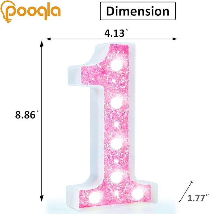 Pooqla Marquee Number Lights, Pink Light Up Numbers for Girls 1st 10th Birthday, Battery Powered Glitter Number Night Light Gift for Christmas Bedroom Dorm Party Decoration, Cool White Number 1