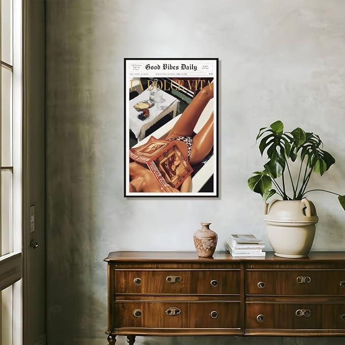 Trendy Newspaper Posters Vintage Good Vibes Daily Wall Art 60s La Dolce Vita Poster Beach Vibe Funky Aesthetic Retro Trippy Art Canvas Prints for Cool Girl Room Home Dorm Decor 12x16inch black framed