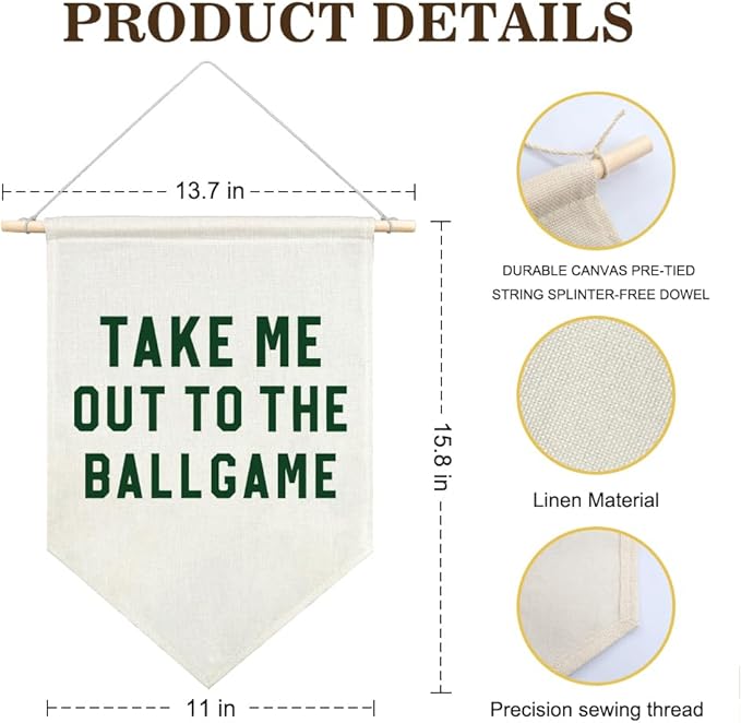 AGMDESIGN Take Me Out To The BallGame Canvas Hanging Pennant Flag Banner, Room Wall Decor, Home Playroom Kids Room Nursery Flag Decor, Sports Fan Gifts for BallGame Lovers, Baseball Door Hanger