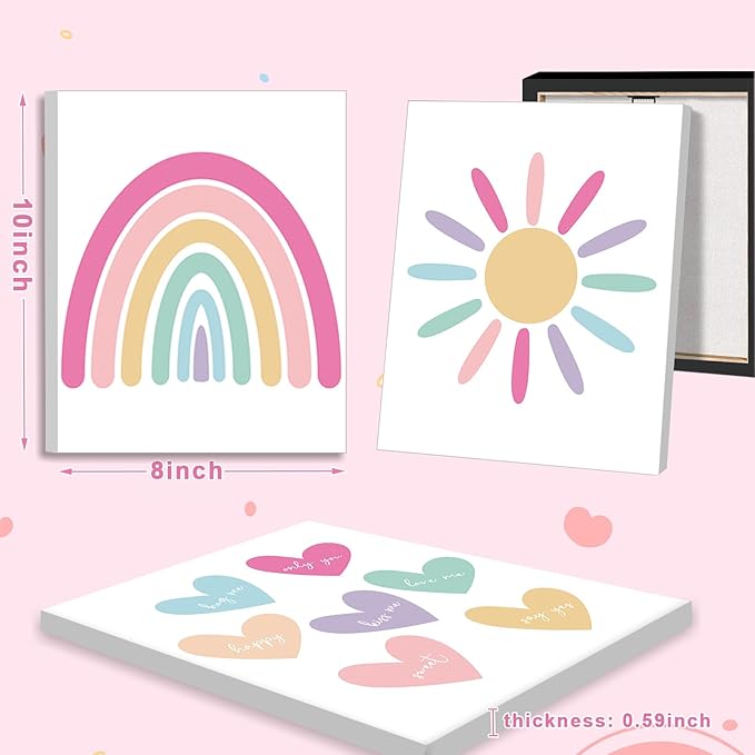 FRAMED Rainbow Wall Decor for Girls Bedroom, Canvas Rainbow Wall Art, Colorful Wall Decor Prints for Nursery Toddler Girls Room Decor (Set of 6, 8x10 Inch, Framed)