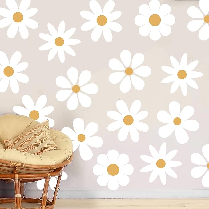 TaoBary 12 Sheet Daisy Wall Sticker Decal Removable Cute Daisy Bedroom Room Decor Flower Wall Sticker Pink White Flower Decal Wallpaper Peel and Stick for Nursery Home(White, Yellow,Novelty Style)