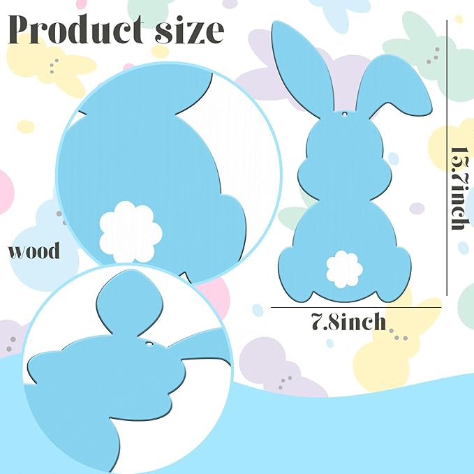 Juweked Easter Bunny Wooden Sign Easter Door Sign with String Easter Decorations Bunny Door Hanger Easter Wall Hanging Easter Bunny Banner Easter Rabbit Decor Easter Party Supplies (Blue)