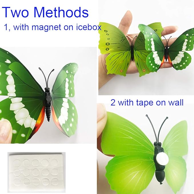 36pcs 3D Colorful Butterfly Wall Stickers DIY Art Decor Crafts for Party Nursery Classroom Offices Kids Girl Boy Baby Bedroom Bathroom Living Room Magnets and Glue Sticker Set1(Green-Single Wing)