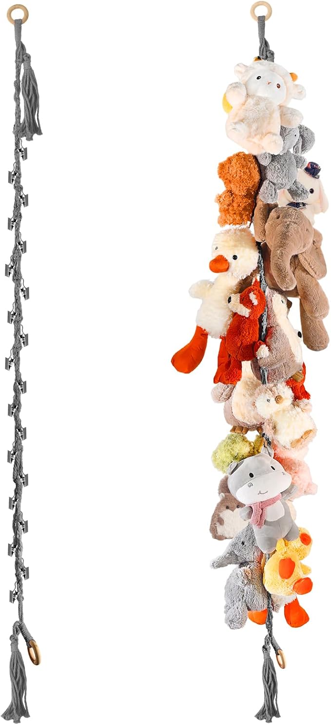 80" Cotton Hanging Storage Chain For Stuffed Animals Storage with 40 Metal Clips, Stuffed Animal Organizer Chain for Wall Corner Nursery Play Room, Grey