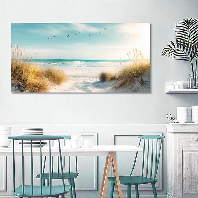 Beach Canvas Wall Art Decor Large Ocean Pictures Prints for Living Room Coastal Path Painting Seascape Artwork Beach Reeds Landscape for Bedroom Bathroom Home Office Decorations(24"×48")