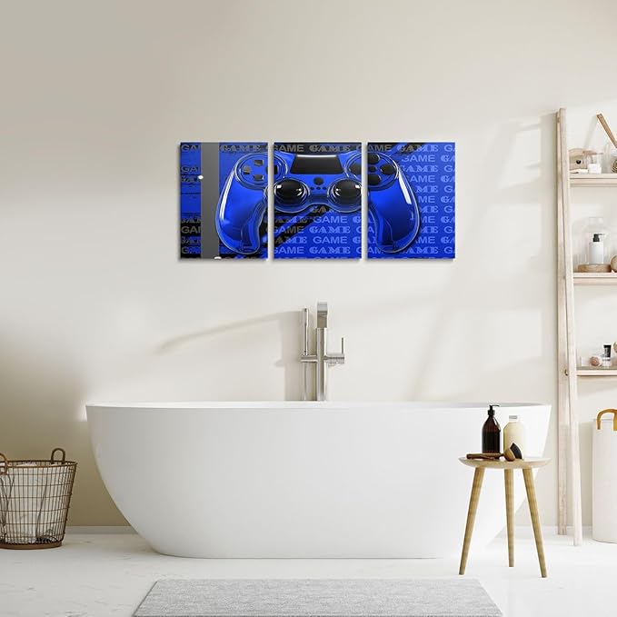 Feelyou Gamer Canvas Wall Art 12" x 16" 3 Piece Game Controller Office Wall Artwork Posters for Teens Adults Gaming Gifts Bathroom Wall Art for Home Gamepad Blue and Black Wall Painting