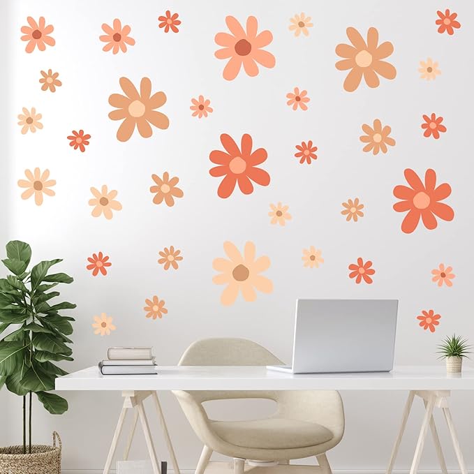TaoBary 12 Sheet Daisy Wall Sticker Decal Removable Cute Daisy Bedroom Room Decor Flower Wall Sticker Pink White Flower Decal Wallpaper Peel and Stick for Nursery Home(Orange,Colorful Style)