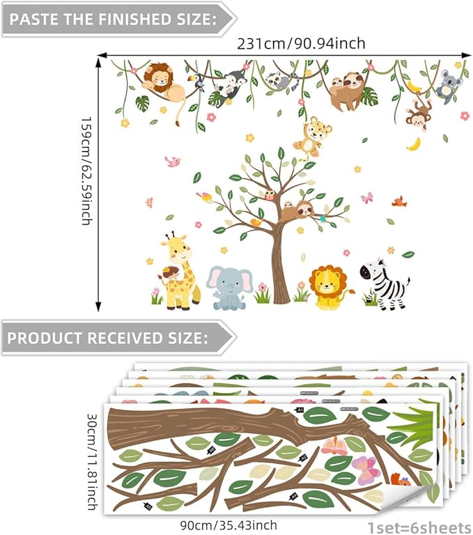 Large Jungle Animals Tree Wall Decals Safari Animals Climbing Trees Wall Stickers Elephant Giraffe Lion Sloth Wall Stickers for Baby Nursery Kids Room Playroom Classroom 90.94" x 62.59"